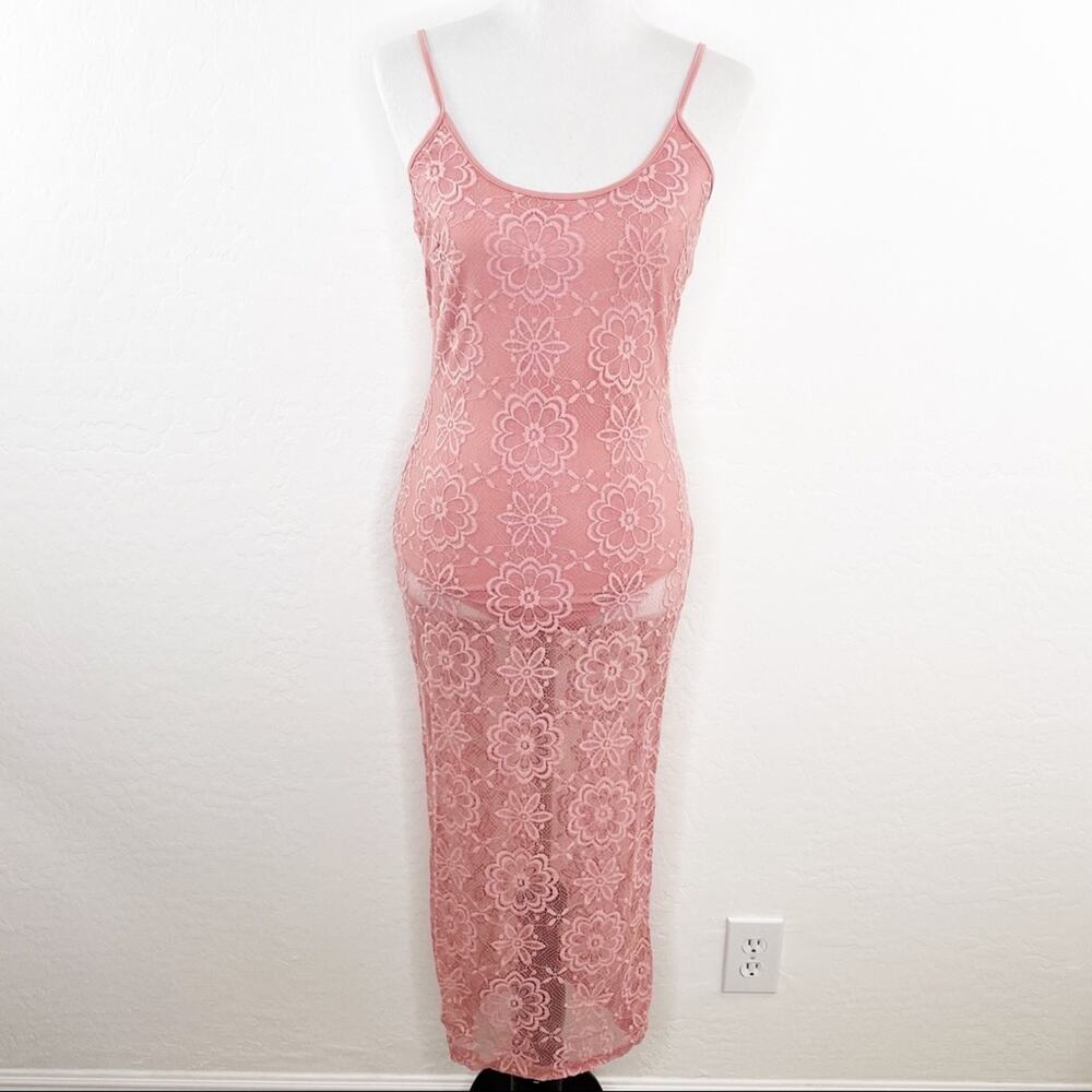 Banjul Blush Mauve Pink Lace Overlay Lined Cami Bodysuit Dress Medium